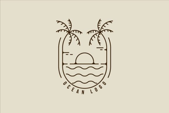 Palm Tree and Ocean Waves Line Art Logo